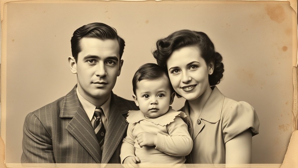 Damaged vintage family portrait before AI restoration